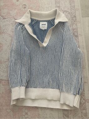 Oversized Aerie Blue & Cream Striped Collared Sweater